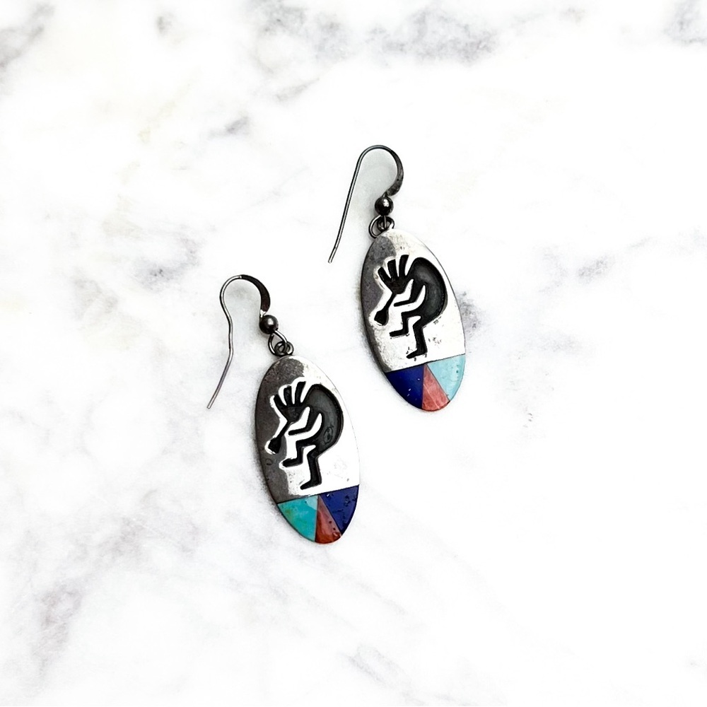 Silver Kokopelli Earrings With Turquoise Inlay